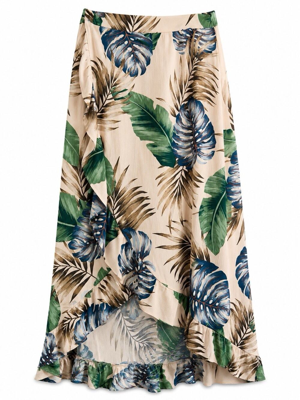 Red + Olive Women's S Wrap Midi Skirt Tropical Floral Leaf Print Ruffle Lined